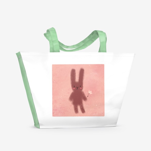 Пляжная сумка «Милый пушистый зайчик с цветком на розовом фоне»