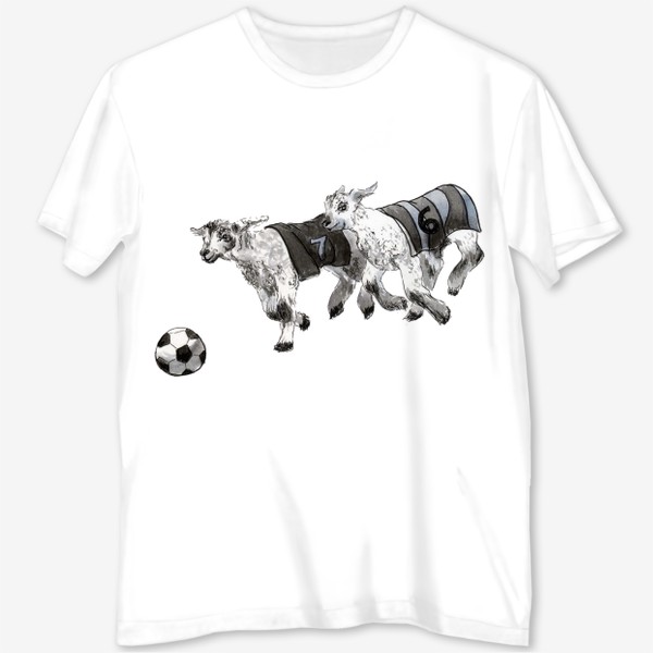 Футболка с полной запечаткой «Пара овец играет с мячем в футбол»