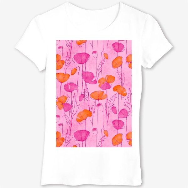 Футболка «Паттерн Розовые и оранжевые цветы маки на розовом фоне. Рисунок»