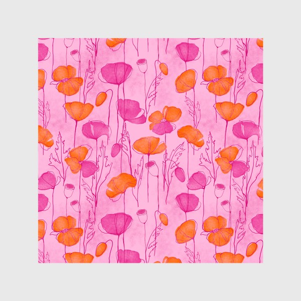 Шторы «Паттерн Розовые и оранжевые цветы маки на розовом фоне. Рисунок»