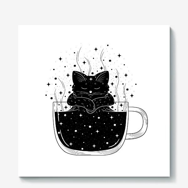 Холст «Черный кот, кофе и космос»