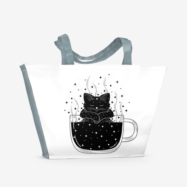 Пляжная сумка «Черный кот, кофе и космос»