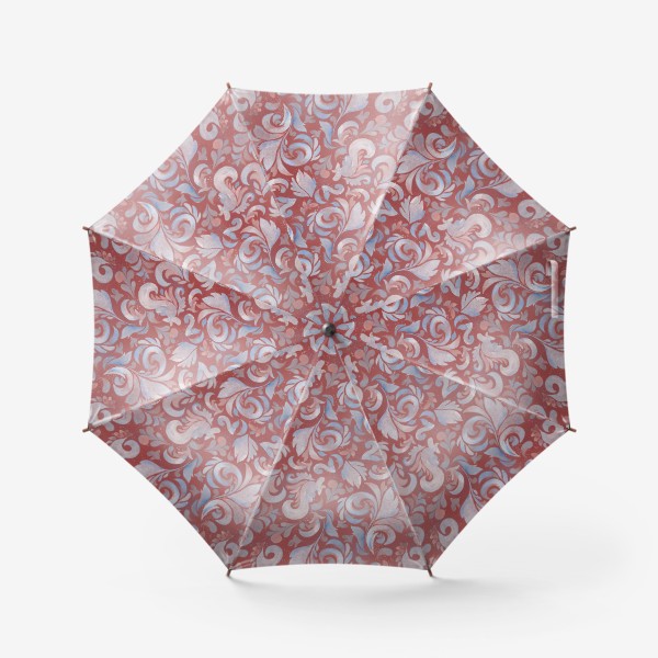 Зонт «Винтажный голубой узор с вензелями на бардовом фоне»