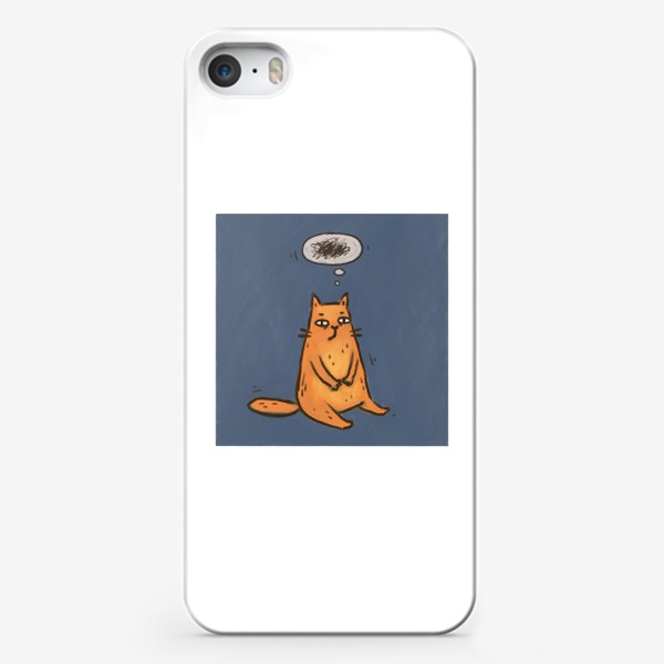 Чехол iPhone «Милый живописный котик на синем фоне и клубок мыслей»
