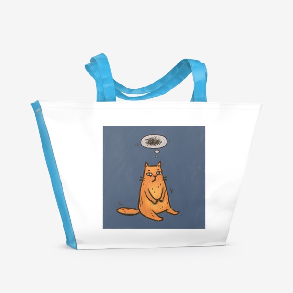 Пляжная сумка «Милый живописный котик на синем фоне и клубок мыслей»