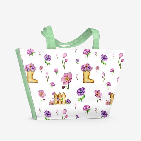 Пляжная сумка «Весенний паттерн с сапожками, изгородью и анемонами»