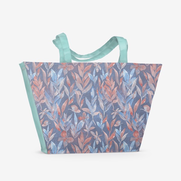 Пляжная сумка «Нежный паттерн из листиков и бабочек в синих и голубых тонах»