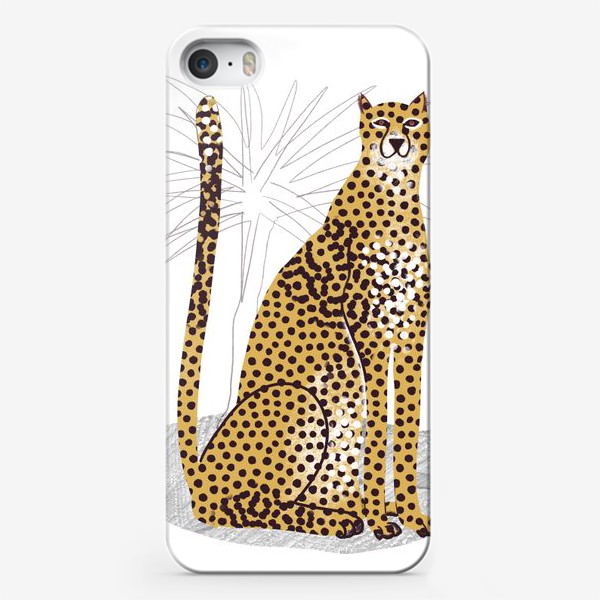 Чехол iPhone «Желтый леопард на белом фоне с листьями пальмы - скетч»