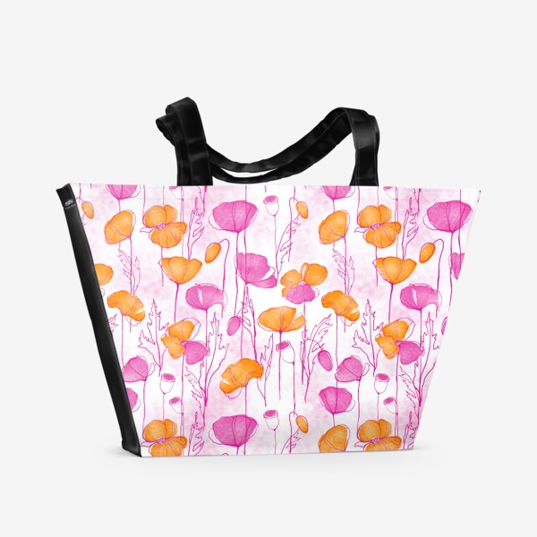 Пляжная сумка «Паттерн розовые и оранжевые маки на белом фоне»