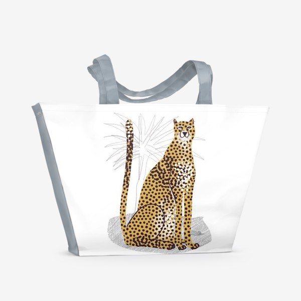 Пляжная сумка «Желтый леопард на белом фоне с листьями пальмы - скетч»