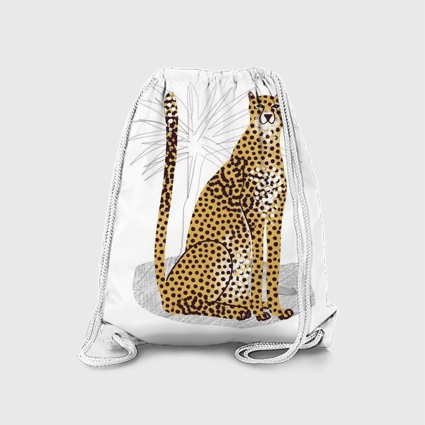 Рюкзак «Желтый леопард на белом фоне с листьями пальмы - скетч»