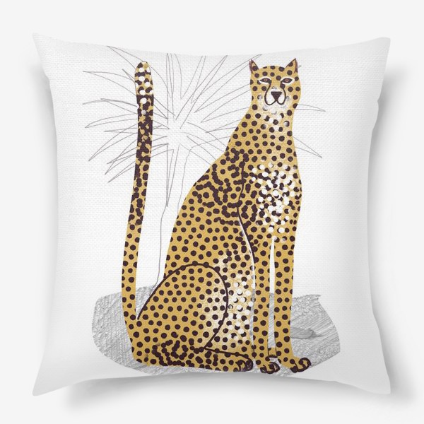 Подушка «Желтый леопард на белом фоне с листьями пальмы - скетч»