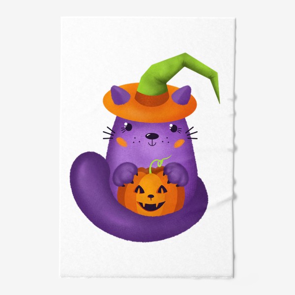 Полотенце «Кот с тыквой на Хеллуин в колдовской шляпе»