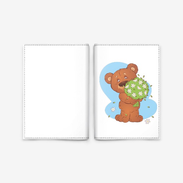 Обложка для паспорта «Мультяшный мишка с букетом ромашек»