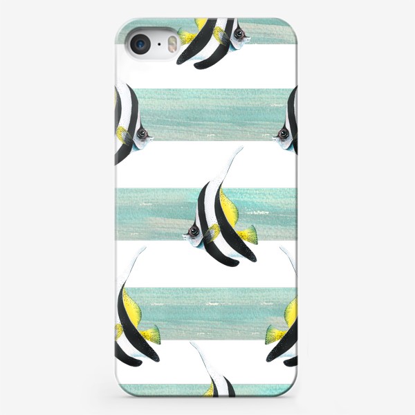 Чехол iPhone «Яркие тропические рыбки полосатые. Акварель. Паттерн.»
