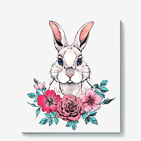 Холст «Белый кролик с цветами. Символ 2023 года»