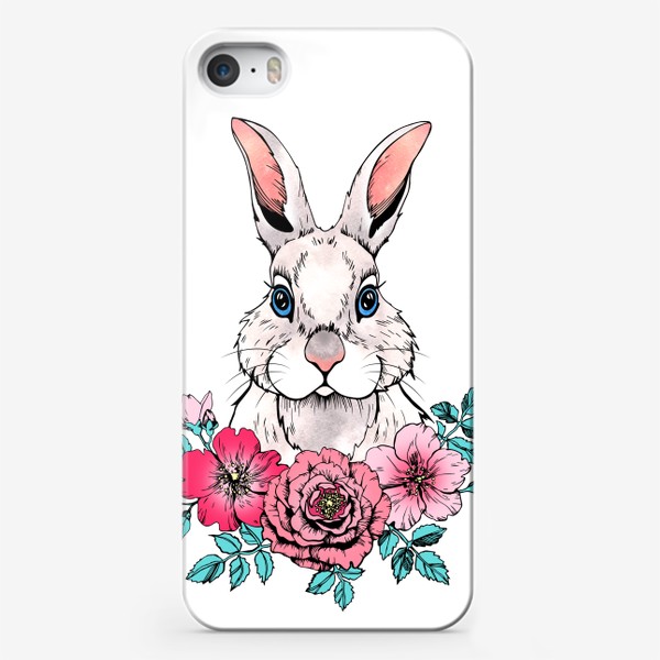 Чехол iPhone &laquo;Белый кролик с цветами. Символ 2023 года&raquo;