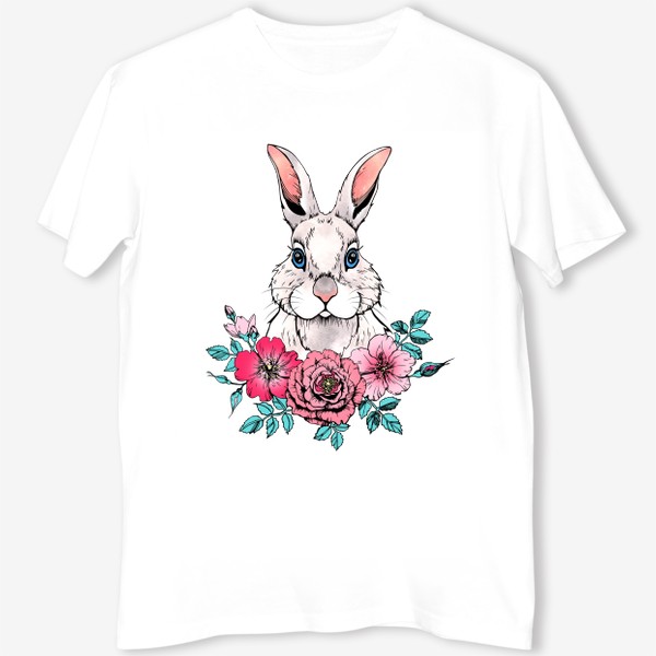 Футболка &laquo;Белый кролик с цветами. Символ 2023 года&raquo;