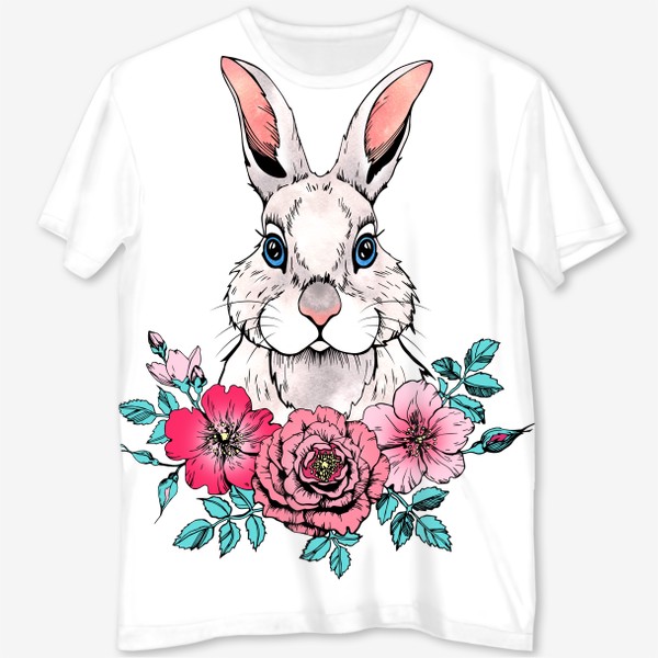 Футболка с полной запечаткой &laquo;Белый кролик с цветами. Символ 2023 года&raquo;