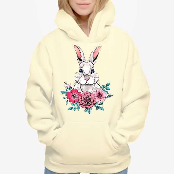 Худи «Белый кролик с цветами. Символ 2023 года»