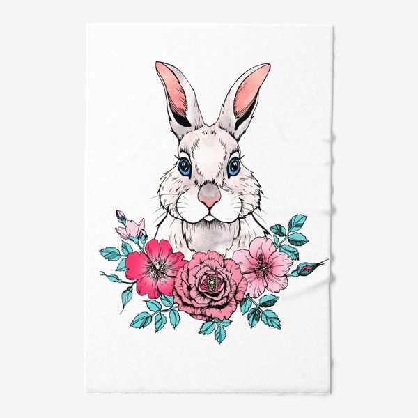 Полотенце &laquo;Белый кролик с цветами. Символ 2023 года&raquo;