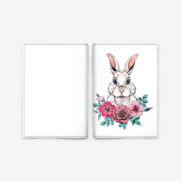 Обложка для паспорта «Белый кролик с цветами. Символ 2023 года»