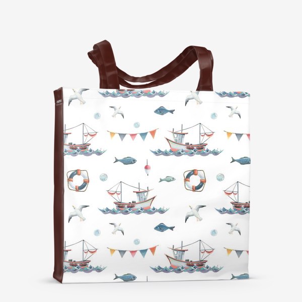 Сумка-шоппер «Кораблики, чайки, море, рыбки, морской паттерн. Акварель.»