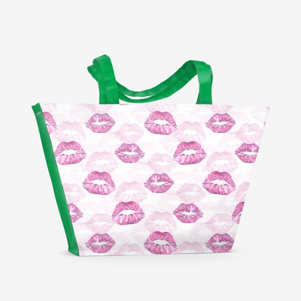 Пляжная сумка «Отпечатки поцелуев, губ, помады. Паттерн, акварель.»