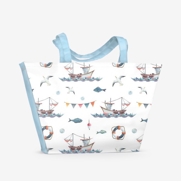 Пляжная сумка «Кораблики, чайки, море, рыбки, морской паттерн. Акварель.»