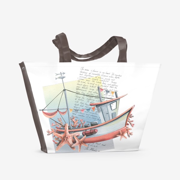 Пляжная сумка «Кораблик с парусами и морскими кораллами, звездами. Акварель.»