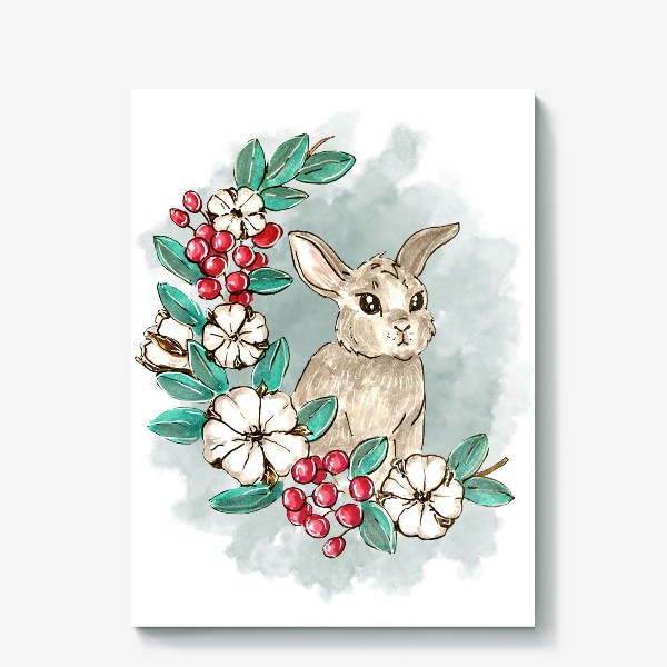 Холст «Кролик с украшениями на акварельном фоне»