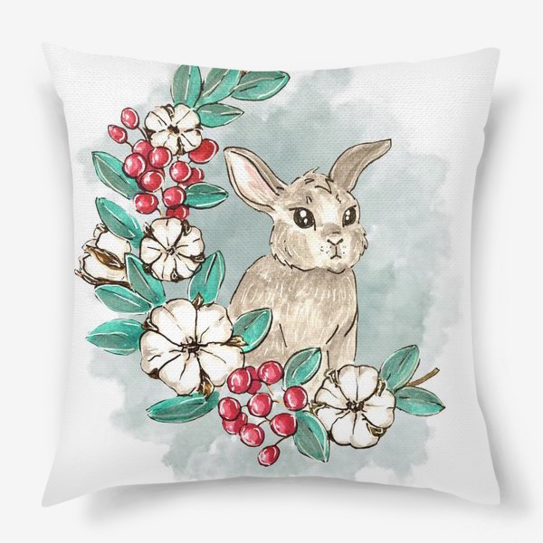 Подушка «Кролик с украшениями на акварельном фоне»