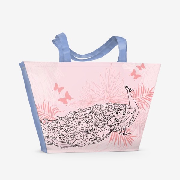 Пляжная сумка «Иллюстрация с павлином и пальмовыми листьями в розовых цветах»