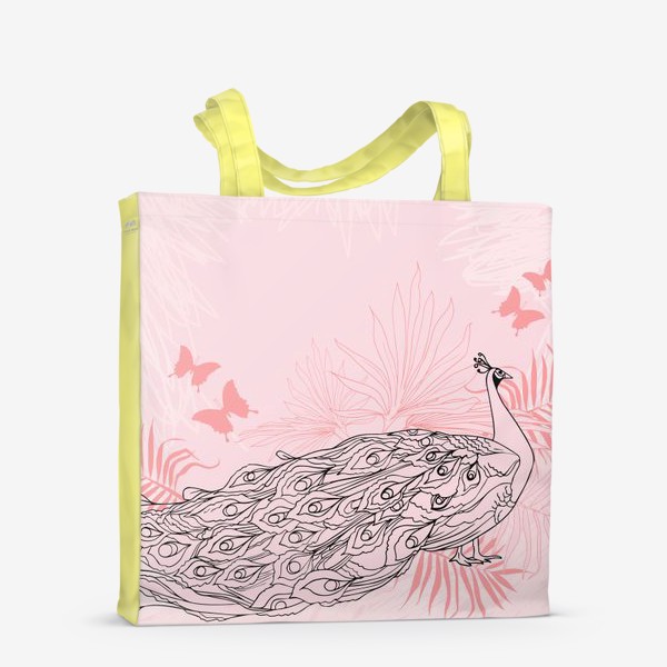 Сумка-шоппер «Иллюстрация с павлином и пальмовыми листьями в розовых цветах»