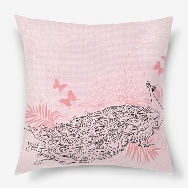 Подушка &laquo;Иллюстрация с павлином и пальмовыми листьями в розовых цветах&raquo;