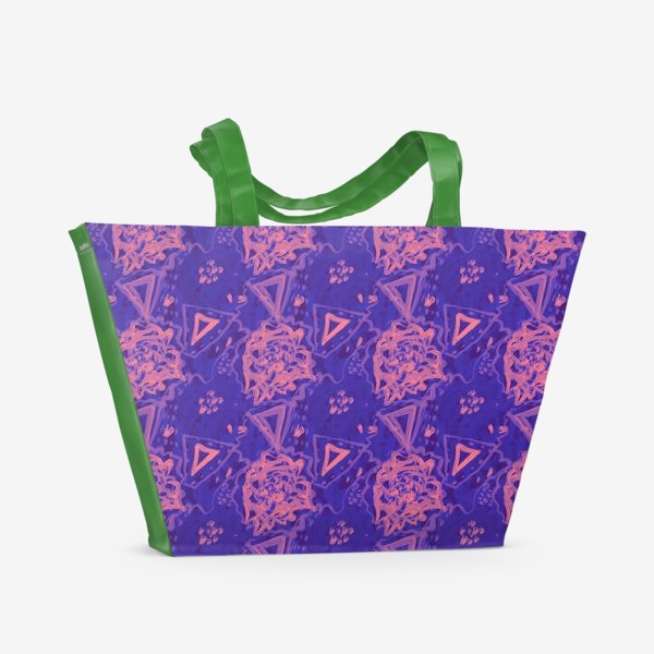 Пляжная сумка «Синий этнический паттерн с цветами. Пантон года, трендовый синий и неоновый розовый.»