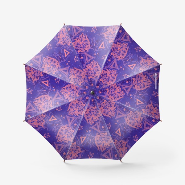 Зонт «Синий этнический паттерн с цветами. Пантон года, трендовый синий и неоновый розовый.»