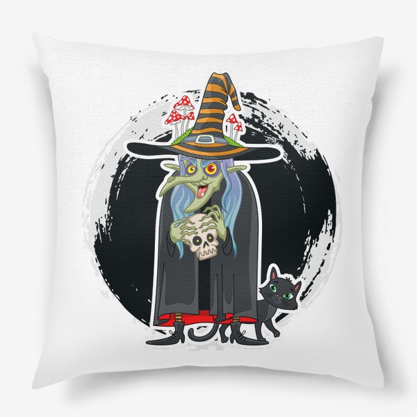 Подушка «Ведьма с черепом и котом Хэллоуин»