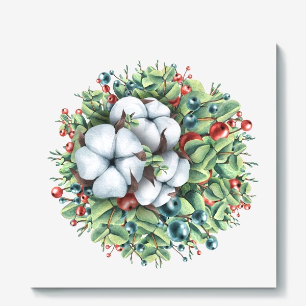 Холст «Новогодняя композиция шар с хлопком и ягодами. Акварель.»