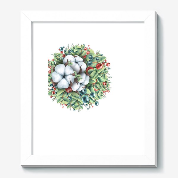 Картина «Новогодняя композиция шар с хлопком и ягодами. Акварель.»