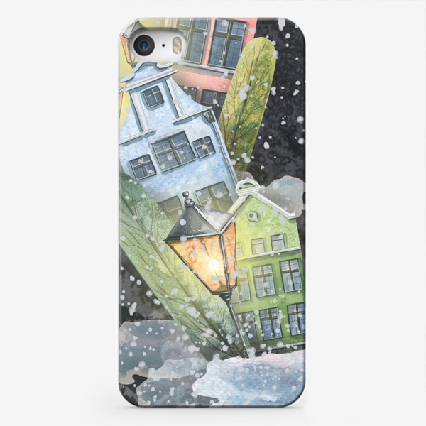 Чехол iPhone «Зимний город, домики. Акварель.»
