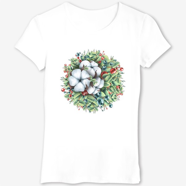 Футболка &laquo;Новогодняя композиция шар с хлопком и ягодами. Акварель.&raquo;