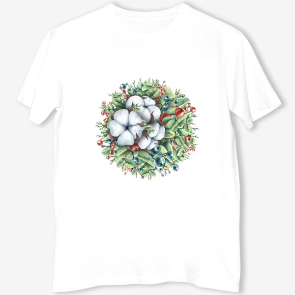 Футболка «Новогодняя композиция шар с хлопком и ягодами. Акварель.»