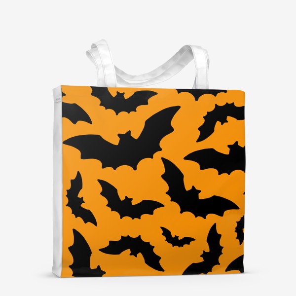 Сумка-шоппер «паттерн из летучих мышей, черные силуэты на оранжевом для хэллоуина»
