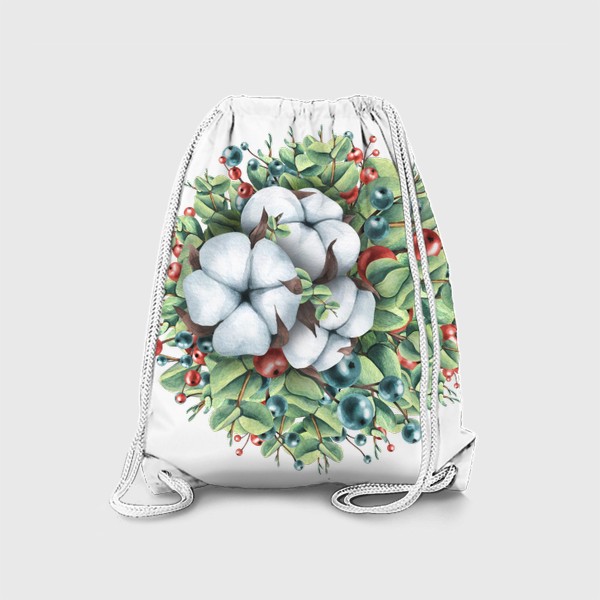 Рюкзак «Новогодняя композиция шар с хлопком и ягодами. Акварель.»