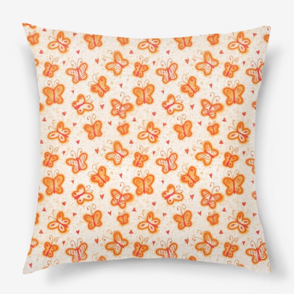Подушка «Нежный оранжевый паттерн с оранжевыми бабочками. Яркий детский принт апельсинового цвета»