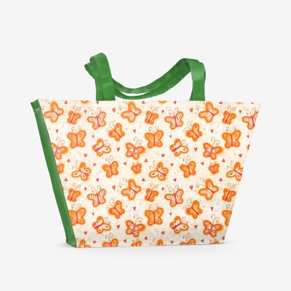 Пляжная сумка «Нежный оранжевый паттерн с оранжевыми бабочками. Яркий детский принт апельсинового цвета»