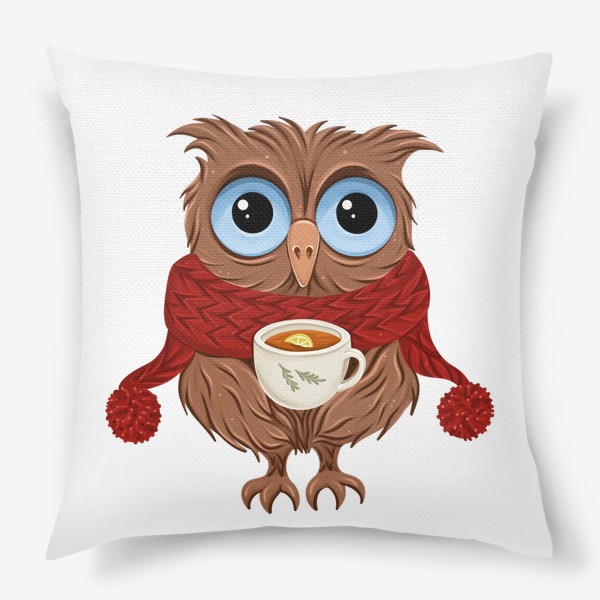 Подушка «Зимняя сова. Птица в шарфе и с кружкой чая»