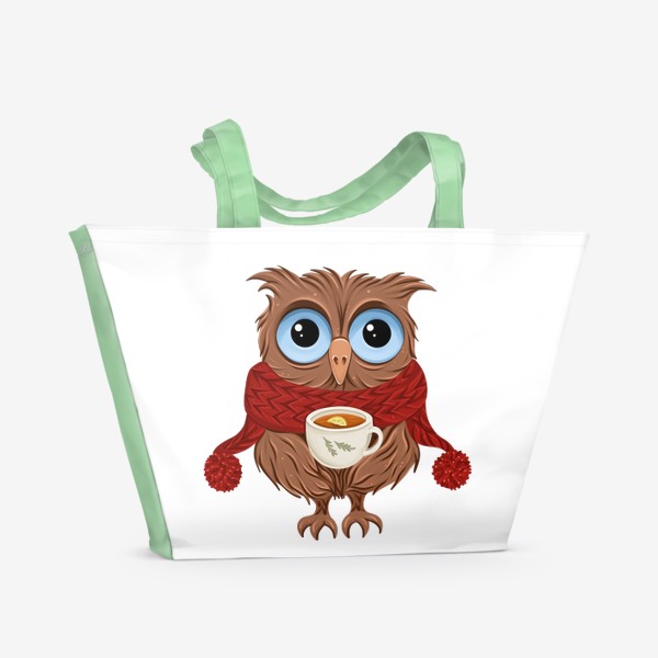 Пляжная сумка «Зимняя сова. Птица в шарфе и с кружкой чая»