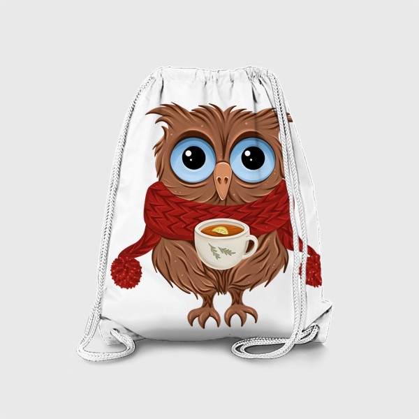 Рюкзак «Зимняя сова. Птица в шарфе и с кружкой чая»